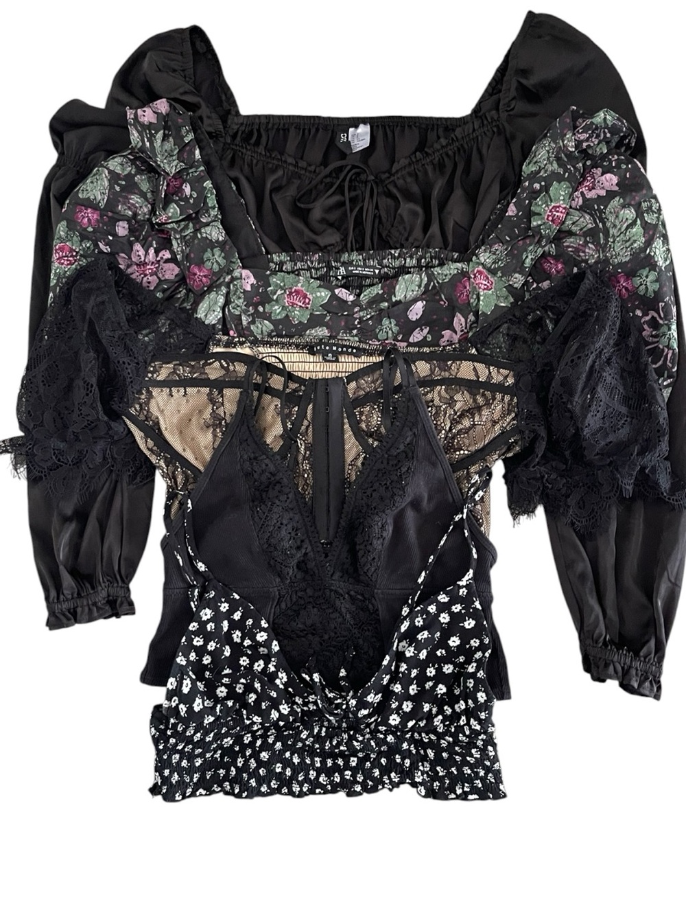 Bundle of 5 Black Short/Long Sleeve and Cami Bralette Short Crop Tops (S)